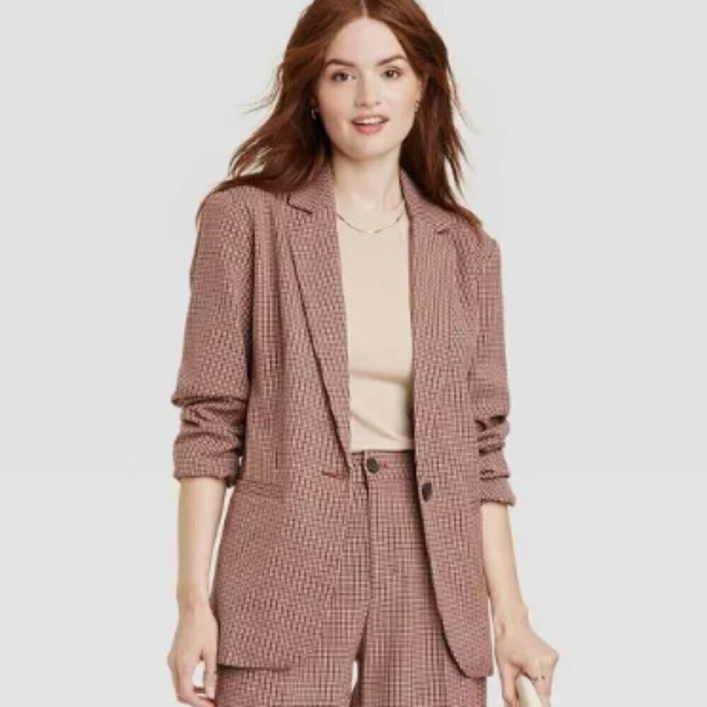A NEW DAY Blazer Size Large Brown Check Boyfriend Jacket NWOT